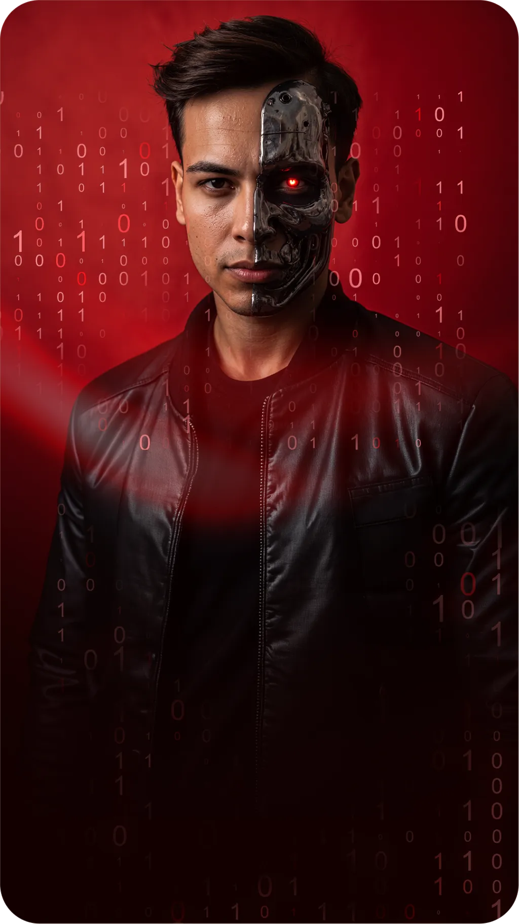 Thiago Hora com metade do rosto em arte de robô, sobre código binário vermelho