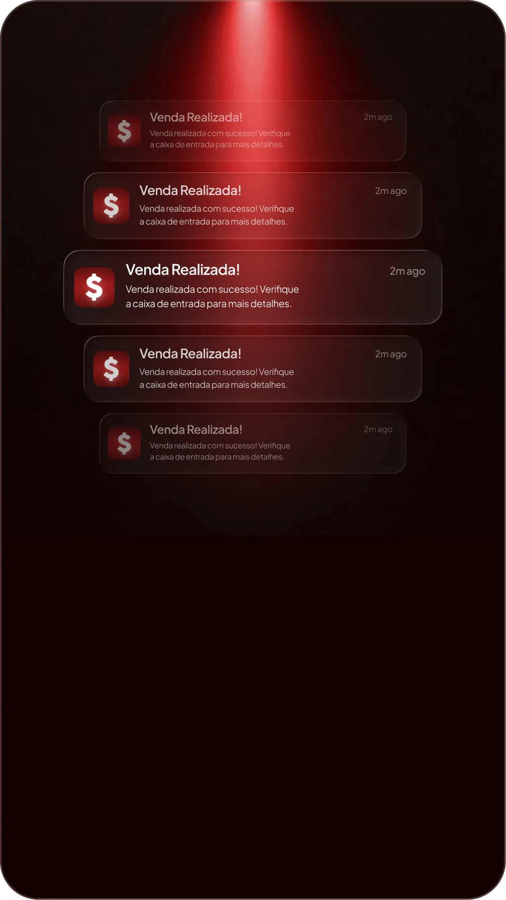 Notificações de "Venda realizada!" empilhadas sob uma luz vermelha
